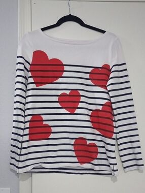 Talbots White & Black Striped Top with Red Hearts 100% Cotton Size S